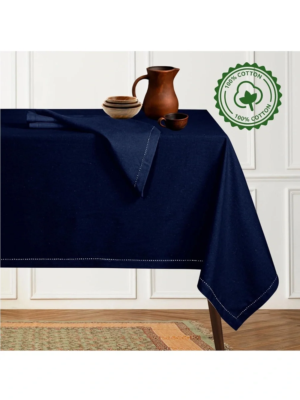NEW Native Fab 100% Cotton Tablecloth, Durable Wrinkle-Free, Washable. Navy Blue